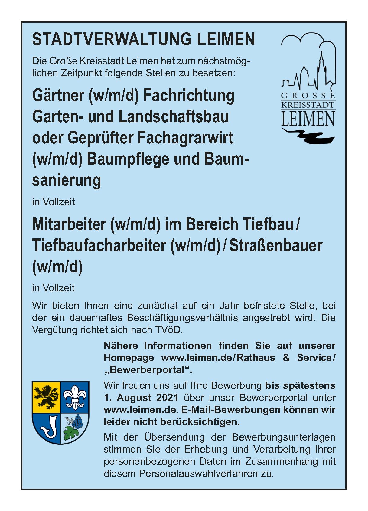  Gärtner (w/m/d) Fachrichtung Garten- Landschaftsbau od. geprüfter Fachagrawirt (w/m/d) und Mitarbeiter im Bereich Tiefbau (w/m/d) 